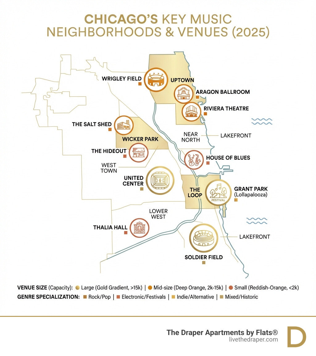 Infographic showing a map of Chicago's key music neighborhoods including Uptown, Wicker Park, and the Loop, with major concert venues marked by icons: Grant Park (Lollapalooza), United Center, Wrigley Field, Soldier Field, Aragon Ballroom, Riviera Theatre, The Salt Shed, House of Blues, The Hideout, and Thalia Hall, color-coded by venue size and genre specialization - best concerts in chicago 2025 infographic 