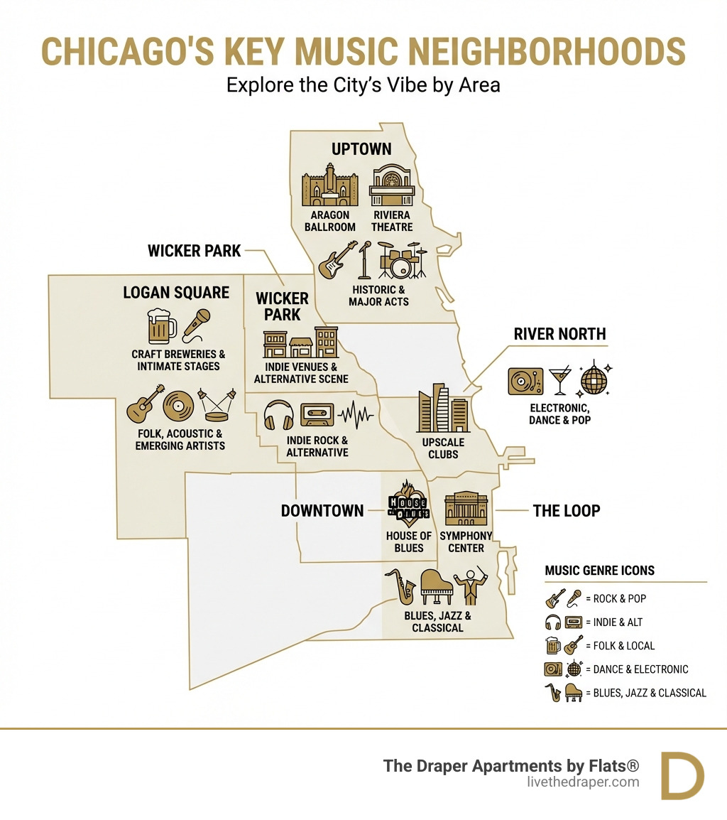 infographic showing a map of Chicago's key music neighborhoods including Uptown (featuring Aragon Ballroom and Riviera Theatre), Wicker Park (indie venues and alternative scene), Logan Square (craft breweries and intimate stages), River North (upscale clubs), and downtown (major venues like House of Blues and Symphony Center), with icons representing different music genres in each area - bands in chicago this weekend infographic 