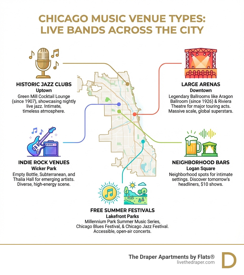 Infographic showing Chicago music venue types: historic jazz clubs in Uptown, indie rock venues in Wicker Park, large arenas downtown, neighborhood bars in Logan Square, and summer festivals in lakefront parks - chicago live bands infographic 