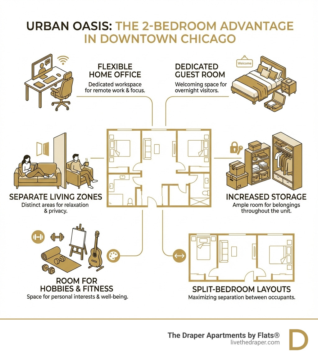 Infographic showing the benefits of two-bedroom apartments in downtown Chicago: flexible home office space for remote work, dedicated guest room for visitors, separate living zones for privacy, increased storage throughout the unit, room for fitness equipment or hobbies, and split-bedroom layouts maximizing separation between occupants - two bedroom apartments in downtown chicago infographic 