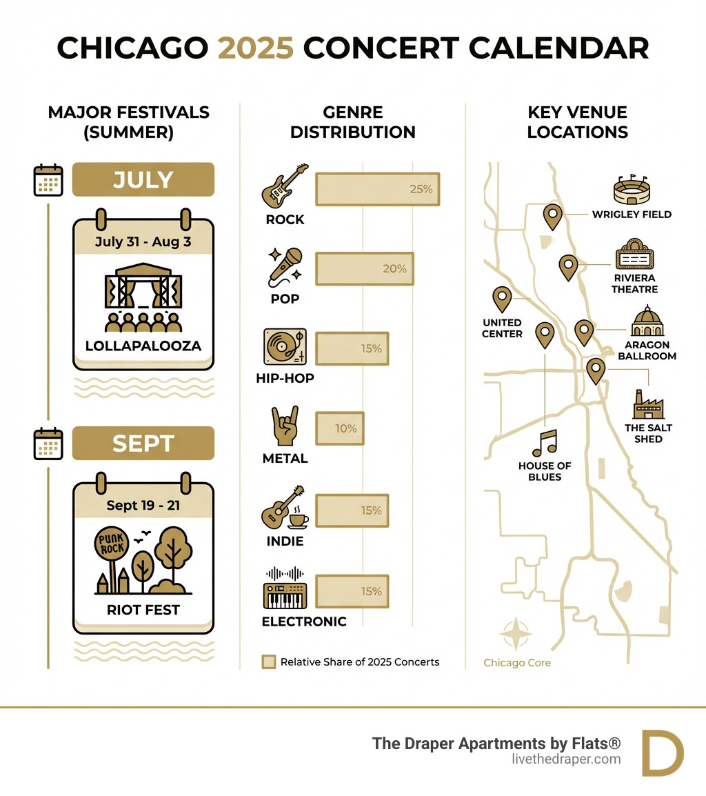 Infographic showing Chicago's 2025 concert calendar with major festivals in summer (Lollapalooza July 31-Aug 3, Riot Fest Sept 19-21), genre distribution across Rock, Pop, Hip-Hop, Metal, Indie, Electronic, and key venue locations throughout the city - chicago concerts in 2025 infographic 
