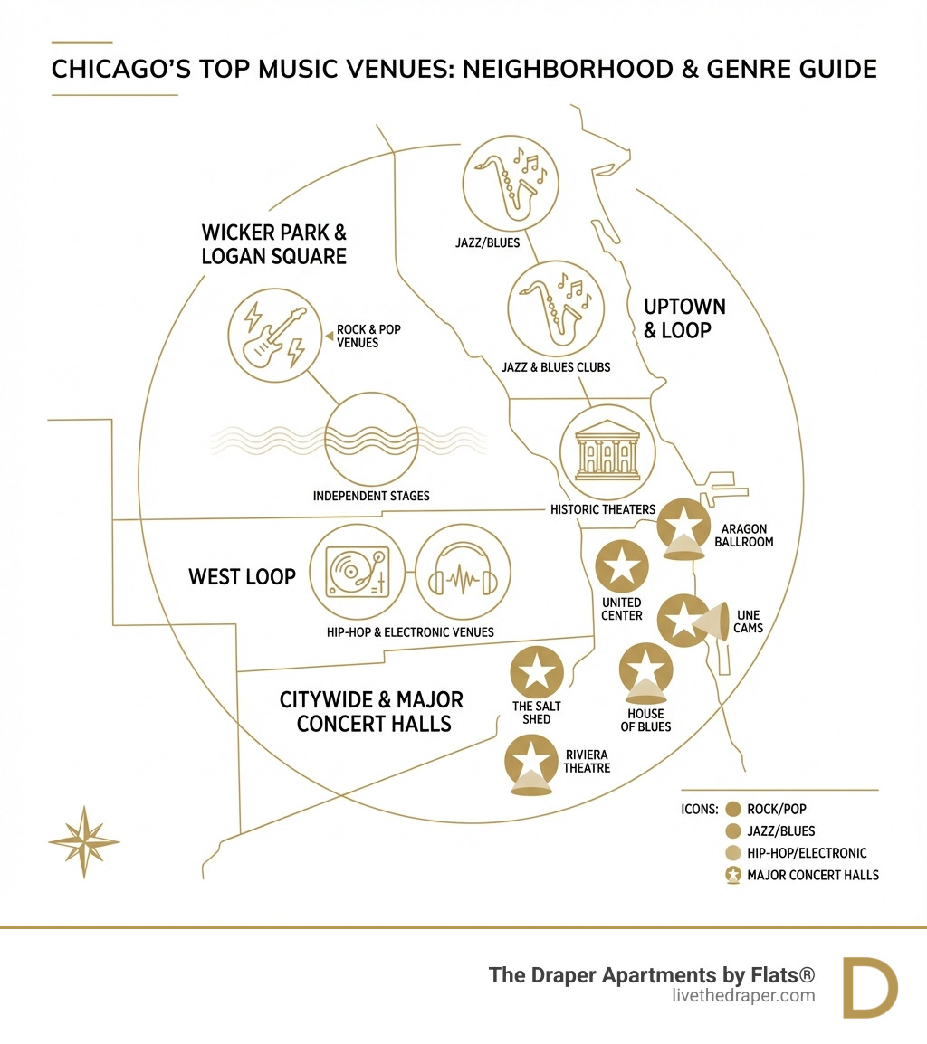 infographic showing Chicago's top music venues mapped by neighborhood, with genre indicators for rock/pop venues in Wicker Park and Logan Square, jazz/blues clubs in Uptown and Loop, hip-hop/electronic venues in West Loop, and major concert halls throughout the city - bands playing chicago tonight infographic 