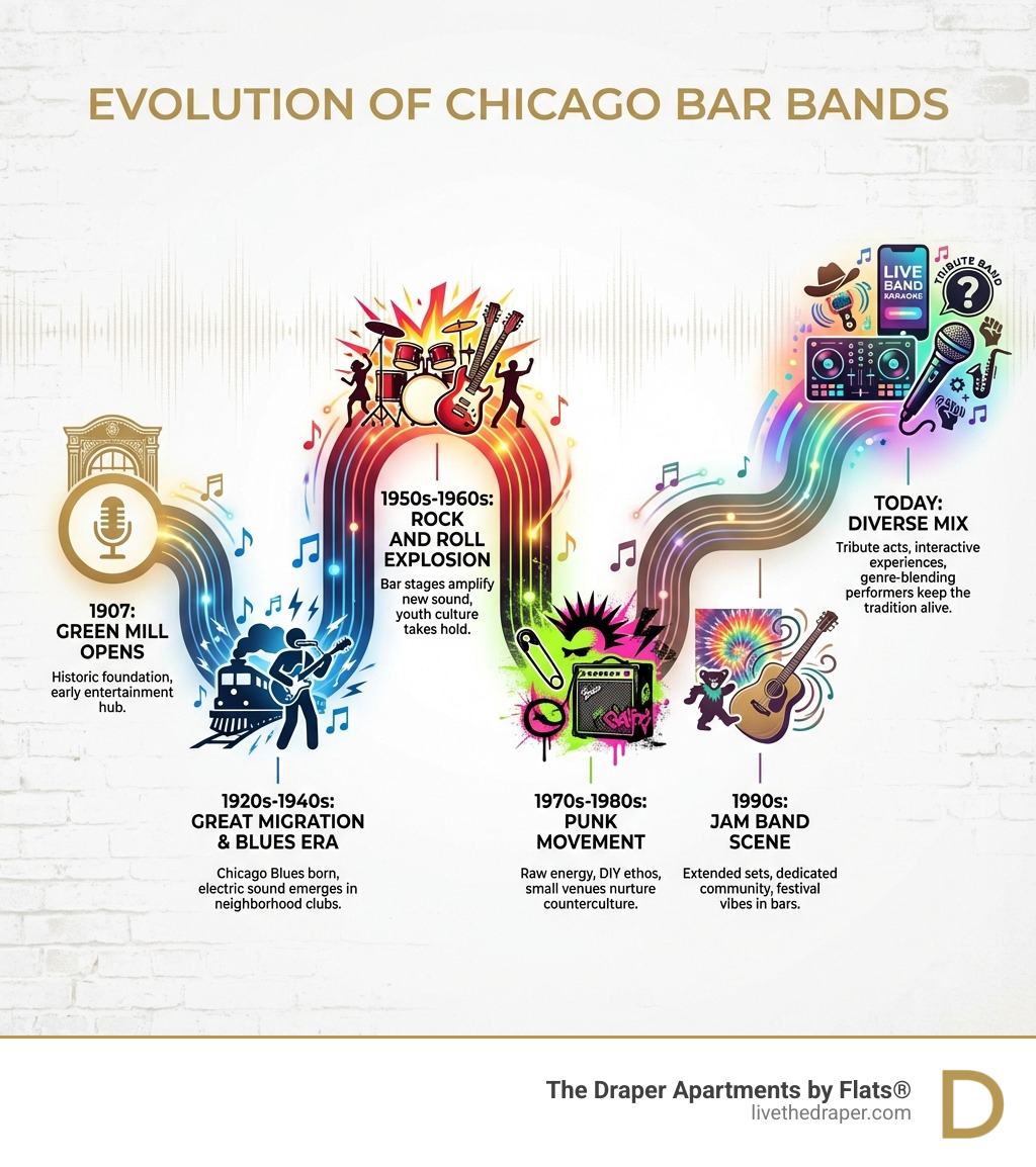 Infographic showing the evolution of Chicago bar bands from 1907 (Green Mill opens) through the Great Migration and Blues era (1920s-1940s), the Rock and Roll explosion (1950s-1960s), the Punk movement (1970s-1980s), the Jam Band scene (1990s), to today's diverse mix of tribute acts, interactive experiences, and genre-blending performers - chicago bar bands infographic 