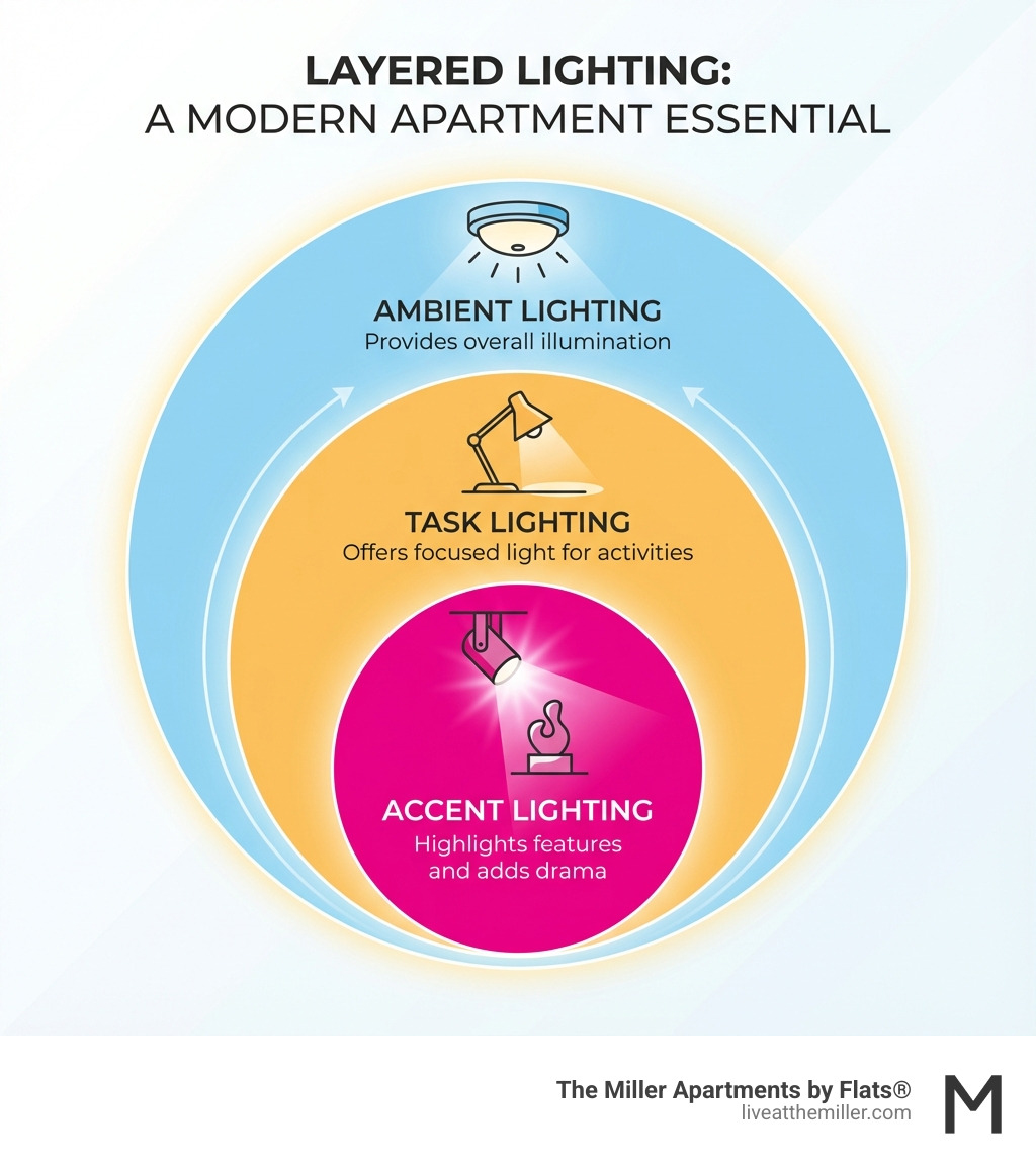 Infographic showing three circular layers labeled Ambient Lighting (outer layer with ceiling fixture icon), Task Lighting (middle layer with desk lamp icon), and Accent Lighting (inner layer with spotlight icon), with brief descriptions: Ambient provides overall illumination, Task offers focused light for activities, and Accent highlights features and adds drama - modern apartment lighting infographic Infographic showing three circular layers labeled Ambient Lighting (outer layer with ceiling fixture icon), Task Lighting (middle layer with desk lamp icon), and Accent Lighting (inner layer with spotlight icon), with brief descriptions: Ambient provides overall illumination, Task offers focused light for activities, and Accent highlights features and adds drama - modern apartment lighting infographic
