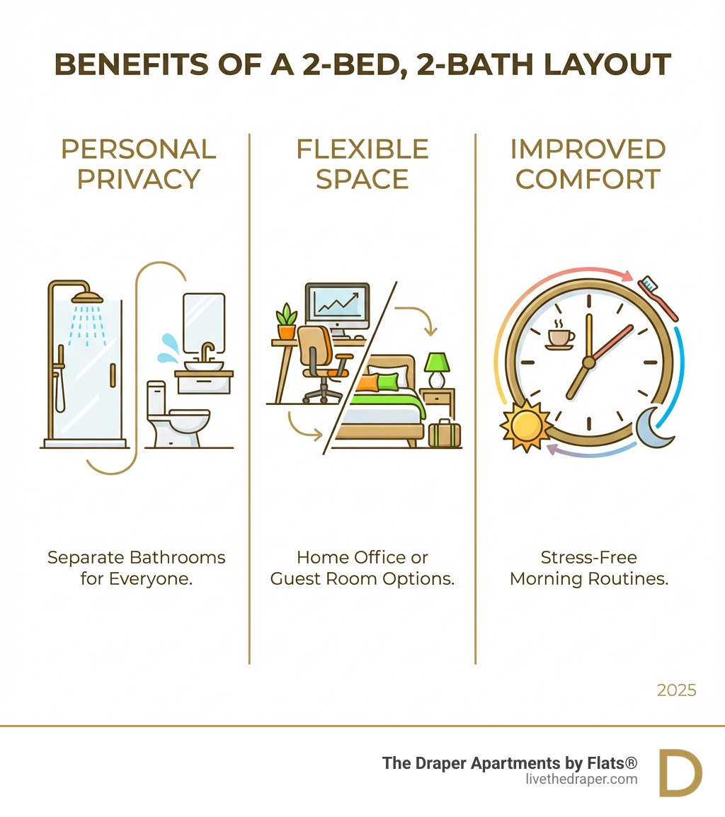 infographic showing three columns: Personal Privacy with two bathroom icons, Flexible Space with icons of home office and guest room, and Improved Comfort with a morning routine clock icon - 2 bedroom 2 bathroom apartments in chicago infographic 