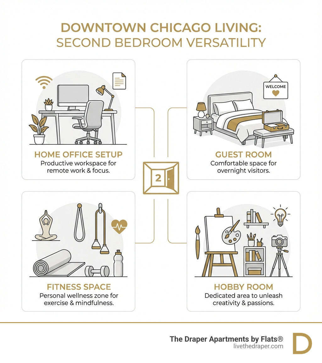 infographic showing versatile uses of a second bedroom including home office setup with desk and computer, guest room with bed, fitness space with yoga mat and weights, and hobby room with art supplies - 2 bedroom apartments downtown chicago infographic 