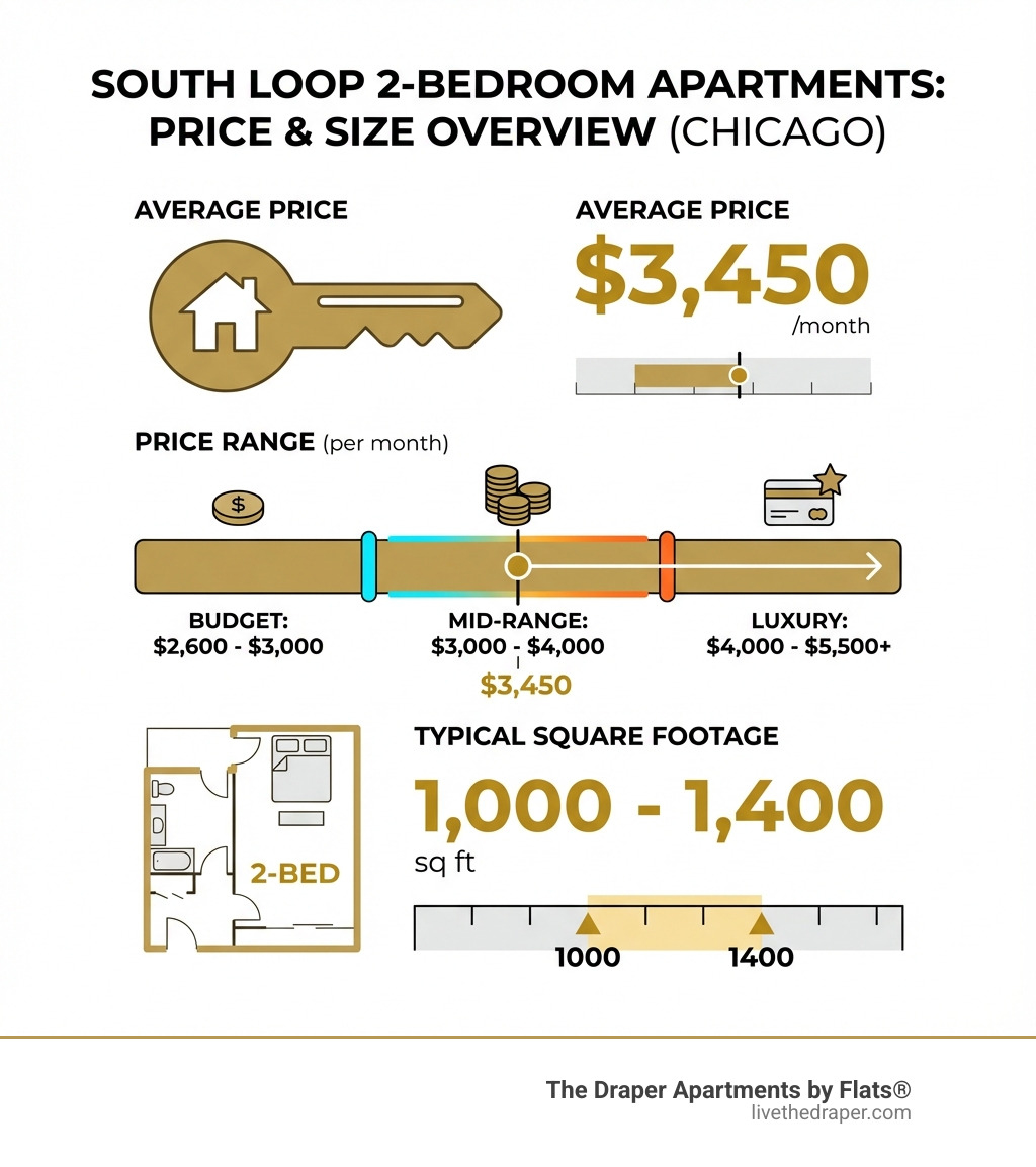 Infographic summarizing the average price, price range, and typical square footage for a 2-bedroom apartment in the South Loop - price of apartments two bedroom in the south loop chicago infographic 