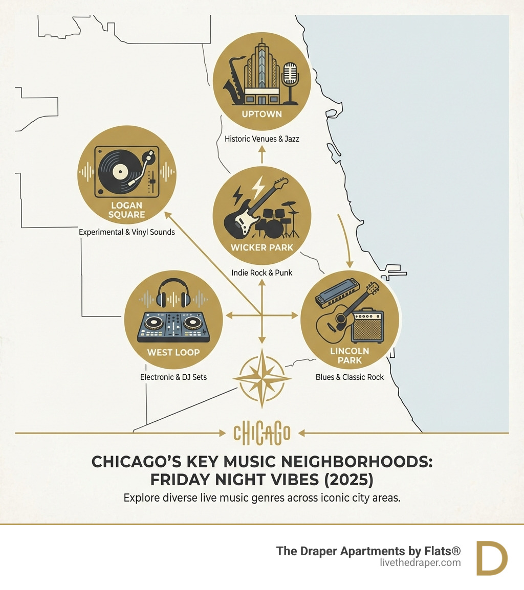 infographic showing a map of Chicago's key music neighborhoods including Uptown, Wicker Park, Logan Square, West Loop, and Lincoln Park, with icons representing different music genres in each area - live music chicago friday night infographic 