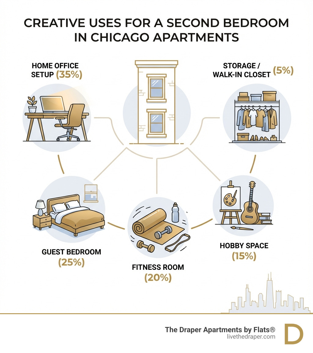 Infographic showing creative uses for a second bedroom in Chicago apartments: home office setup with desk and laptop (35% of renters), guest bedroom with comfortable bed and nightstand (25% of renters), fitness room with yoga mat and weights (20% of renters), hobby space with art supplies or musical instruments (15% of renters), and storage or walk-in closet (5% of renters) - apartments in chicago 2 bedroom infographic 