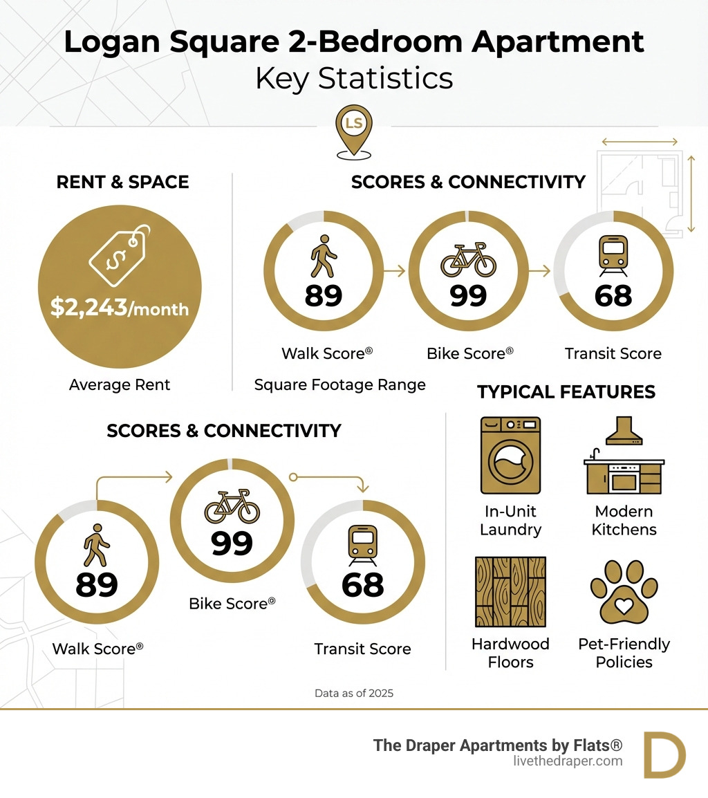Infographic showing Logan Square 2-bedroom apartment key statistics: square footage range 1,000-1,200 sq ft, Walk Score 89, Bike Score 99, Transit Score 68, typical features including in-unit laundry, modern kitchens, hardwood floors, and pet-friendly policies - 2 bedroom apartments logan square infographic 