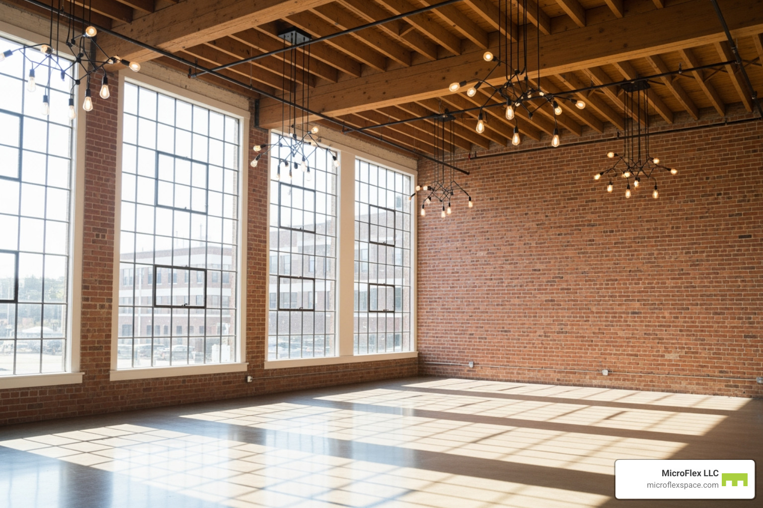 A bright, airy studio space with large windows, high ceilings, exposed brick walls, and modern industrial-style lighting. - commercial studio space for rent
