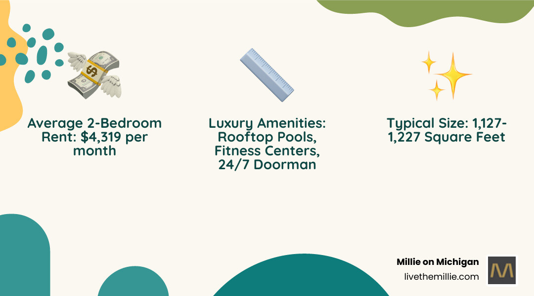 infographic showing Streeterville apartment statistics including average rent of $4,319 for 2 bedrooms, typical square footage of 1,127-1,227 sq ft, Walk Score showing pedestrian-friendly streets, proximity to Navy Pier and Magnificent Mile within 15 minutes, CTA Red Line access, and major building amenities like fitness centers, pools, and 24-hour doorman service - streeterville 2 bedroom apartments infographic 3_facts_emoji_nature