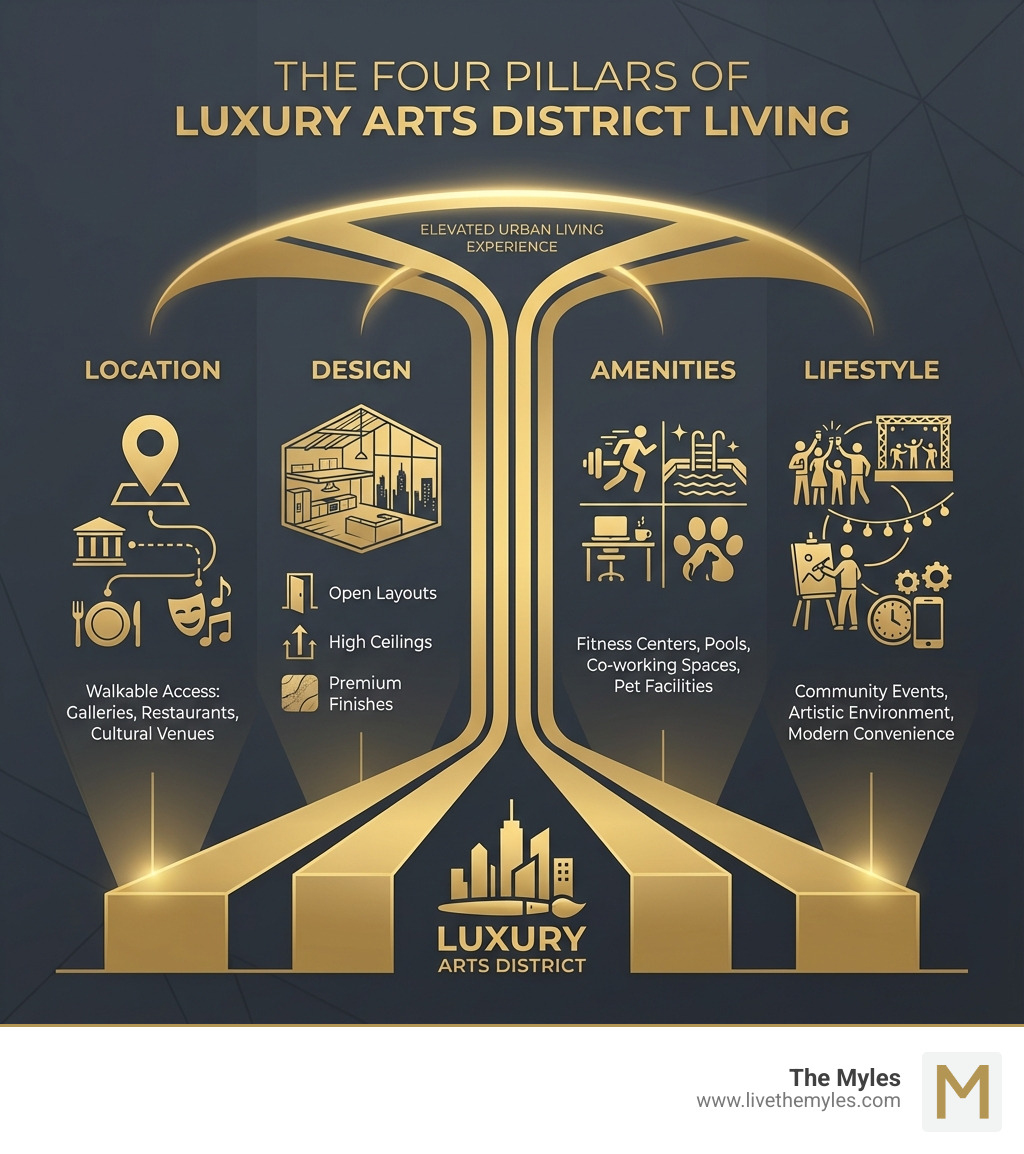 Infographic showing the four pillars of luxury Arts District living: Location (walkable access to galleries, restaurants, and cultural venues), Design (open layouts, high ceilings, premium finishes), Amenities (fitness centers, pools, co-working spaces, pet facilities), and Lifestyle (community events, artistic environment, modern convenience) - luxury apartments Arts District infographic Infographic showing the four pillars of luxury Arts District living: Location (walkable access to galleries, restaurants, and cultural venues), Design (open layouts, high ceilings, premium finishes), Amenities (fitness centers, pools, co-working spaces, pet facilities), and Lifestyle (community events, artistic environment, modern convenience) - luxury apartments Arts District infographic