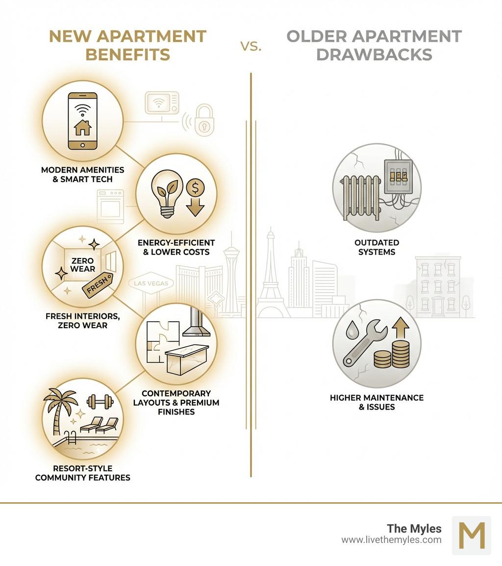 Infographic comparing new apartment benefits: modern amenities and smart technology, energy-efficient appliances reducing utility costs, fresh interiors with zero wear and tear, contemporary open-concept layouts with premium finishes, resort-style community features like pools and fitness centers, versus older apartments with outdated systems and higher maintenance issues - Las Vegas new apartments infographic 