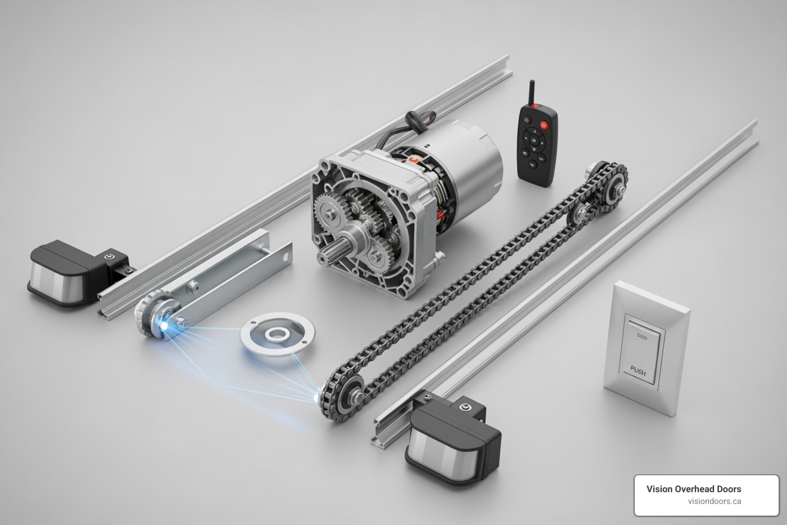 infographic showing the main components of a garage door opener system including the motor unit, drive mechanism, safety sensors, remote control, wall switch, and how they work together to open and close the door safely - garage door opener repair armstrong bc infographic showing the main components of a garage door opener system including the motor unit, drive mechanism, safety sensors, remote control, wall switch, and how they work together to open and close the door safely - garage door opener repair armstrong bc