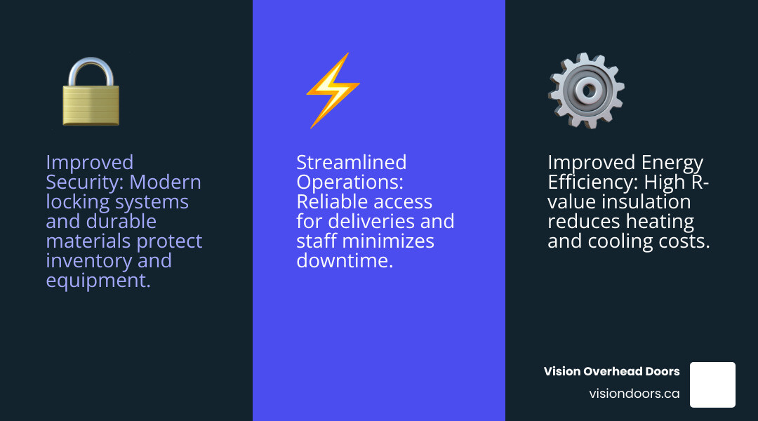infographic showing three key benefits of professional commercial overhead door installation: Improved Security with modern locking systems and durable materials protecting inventory and equipment, Improved Energy Efficiency through high R-value insulation reducing heating and cooling costs, and Streamlined Operations with reliable access for deliveries and staff minimizing downtime - commercial overhead door installation armstrong bc infographic 3_facts_emoji_blue infographic showing three key benefits of professional commercial overhead door installation: Improved Security with modern locking systems and durable materials protecting inventory and equipment, Improved Energy Efficiency through high R-value insulation reducing heating and cooling costs, and Streamlined Operations with reliable access for deliveries and staff minimizing downtime - commercial overhead door installation armstrong bc infographic 3_facts_emoji_blue