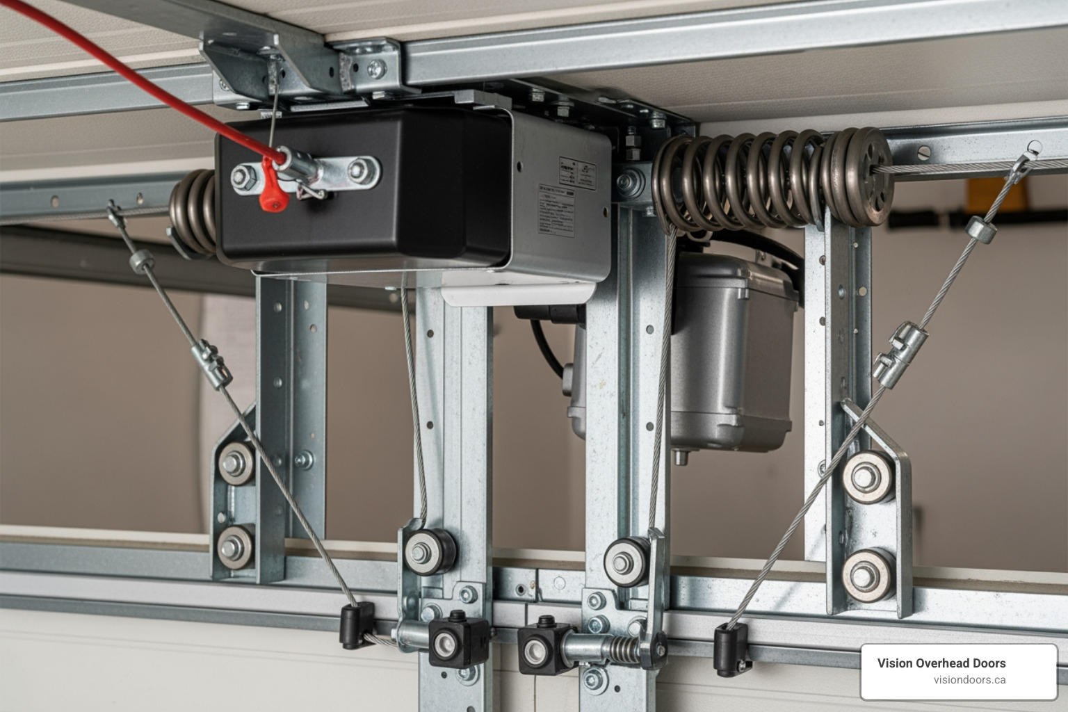 Infographic showing the key components of a residential garage door system including torsion springs, cables, rollers, tracks, opener motor, photo-eye sensors, and weather stripping, with labels indicating common failure points and maintenance areas - garage door repair armstrong bc Garage door opener mechanism with spring system and cables, showcasing components for repair and maintenance, relevant to garage door services in Armstrong, BC.