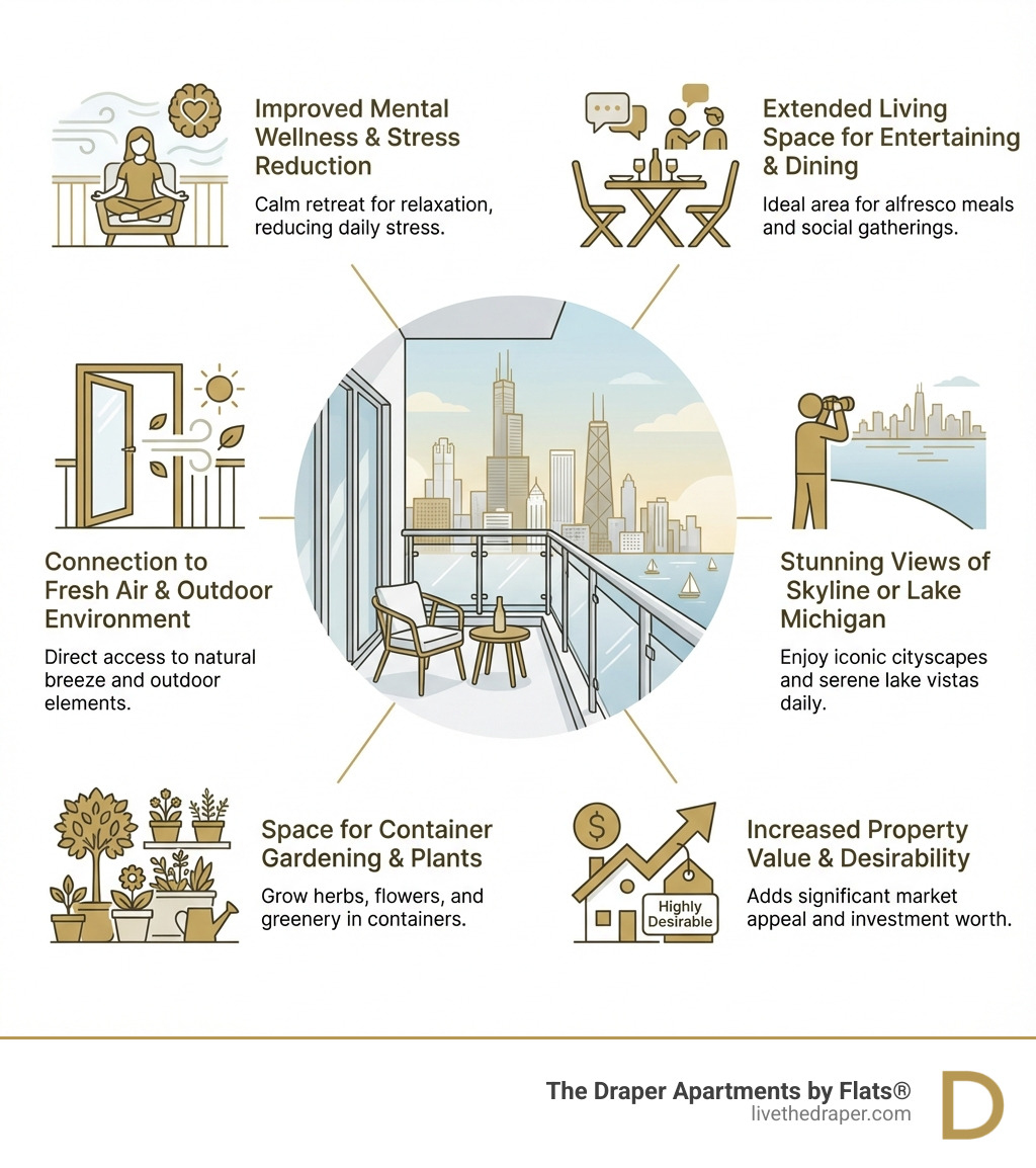 Infographic showing benefits of Chicago apartment balconies: improved mental wellness and stress reduction, extended living space for entertaining and dining, connection to fresh air and outdoor environment, stunning views of skyline or Lake Michigan, space for container gardening and plants - Chicago apartments with balconies infographic 