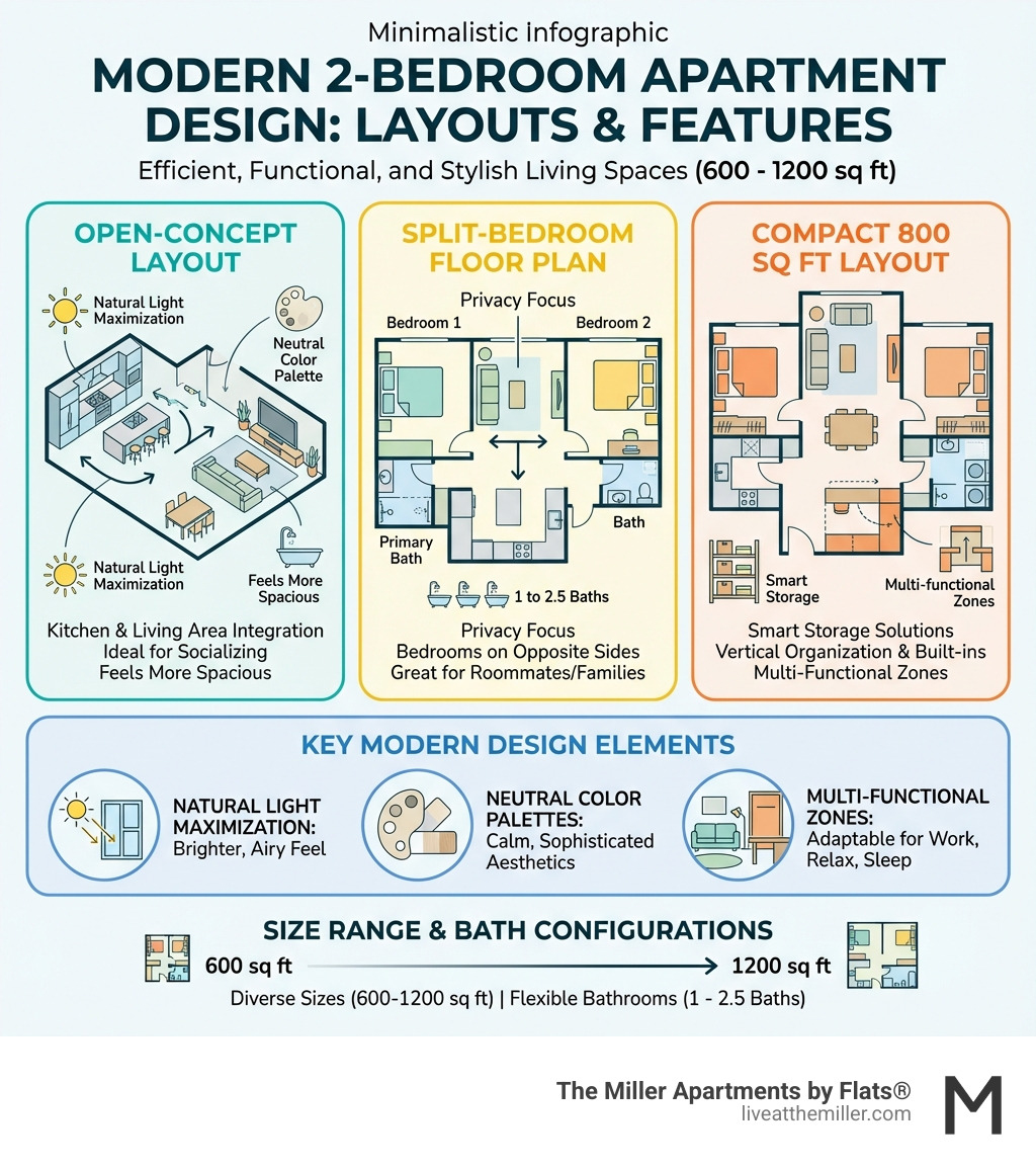 Infographic showing modern 2-bedroom apartment layout options including open-concept design with connected kitchen and living area, split-bedroom floor plan with bedrooms on opposite sides, and compact 800 sq ft layout with smart storage solutions. Features bathroom configurations from 1 to 2.5 baths, size ranges from 600-1200 sq ft, and key modern design elements like natural light maximization, neutral color palettes, and multi-functional zones - modern 2 bedroom apartment design infographic 