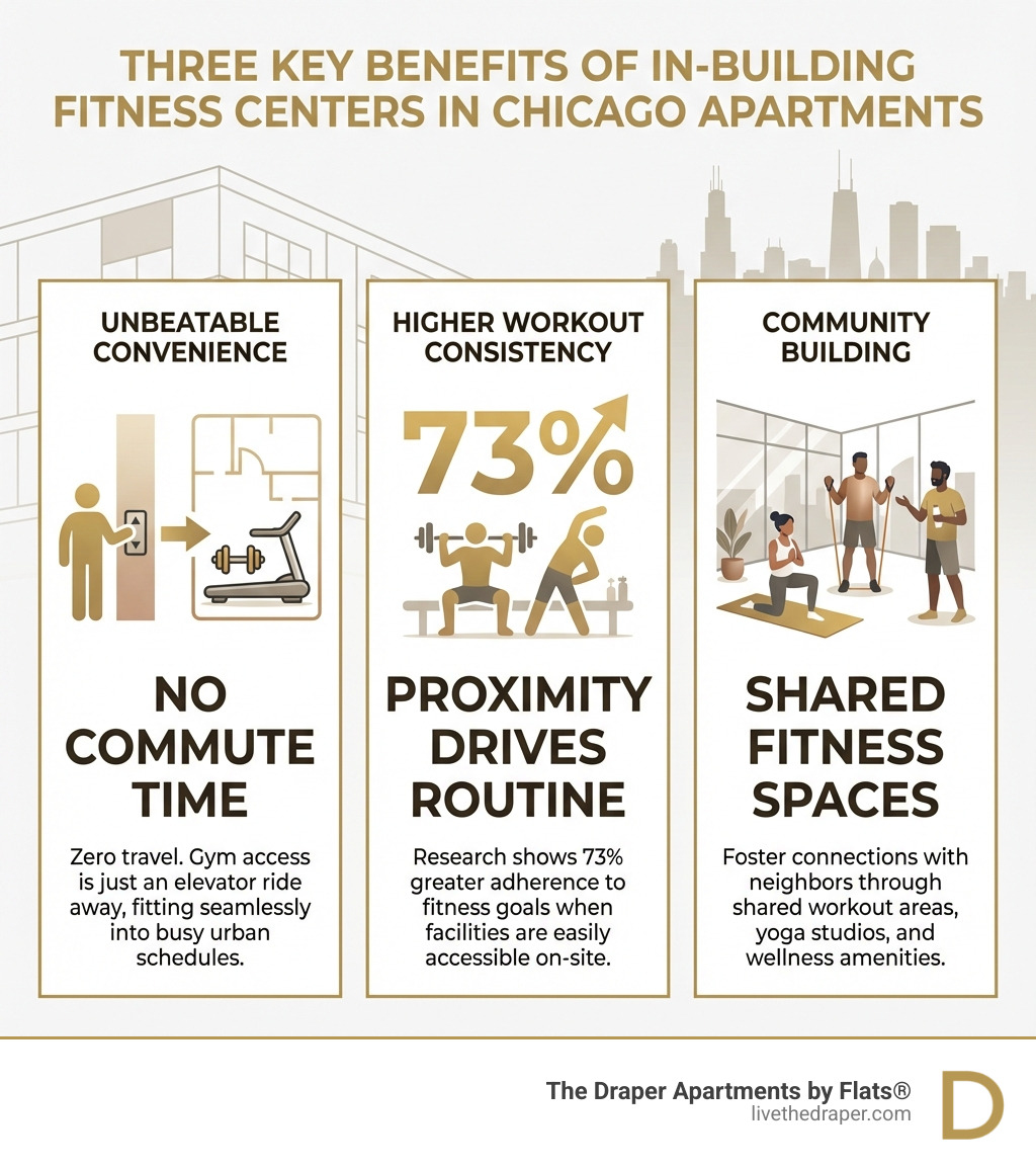 infographic showing three key benefits of in-building fitness centers: unbeatable convenience with no commute time, 73% higher workout consistency due to proximity, and community building through shared fitness spaces - apartments for rent with fitness center in chicago il infographic 