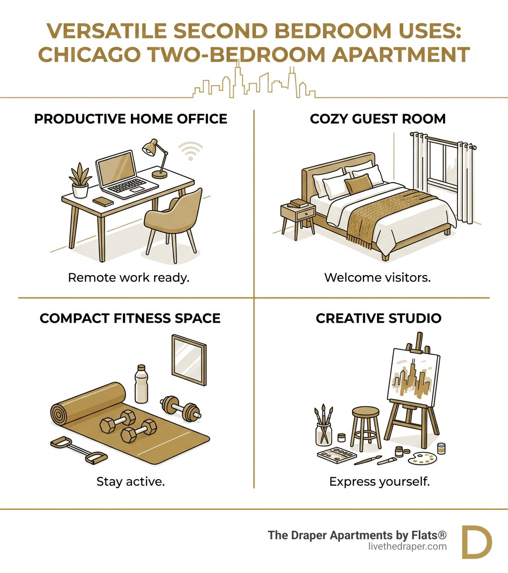 Infographic showing versatile uses of a second bedroom in a Chicago two-bedroom apartment: top left shows a home office setup with desk and laptop; top right displays a cozy guest room with bed; bottom left features a compact fitness space with yoga mat and weights; bottom right illustrates a creative studio with easel and art supplies - Two-bedroom apartments Chicago infographic 
