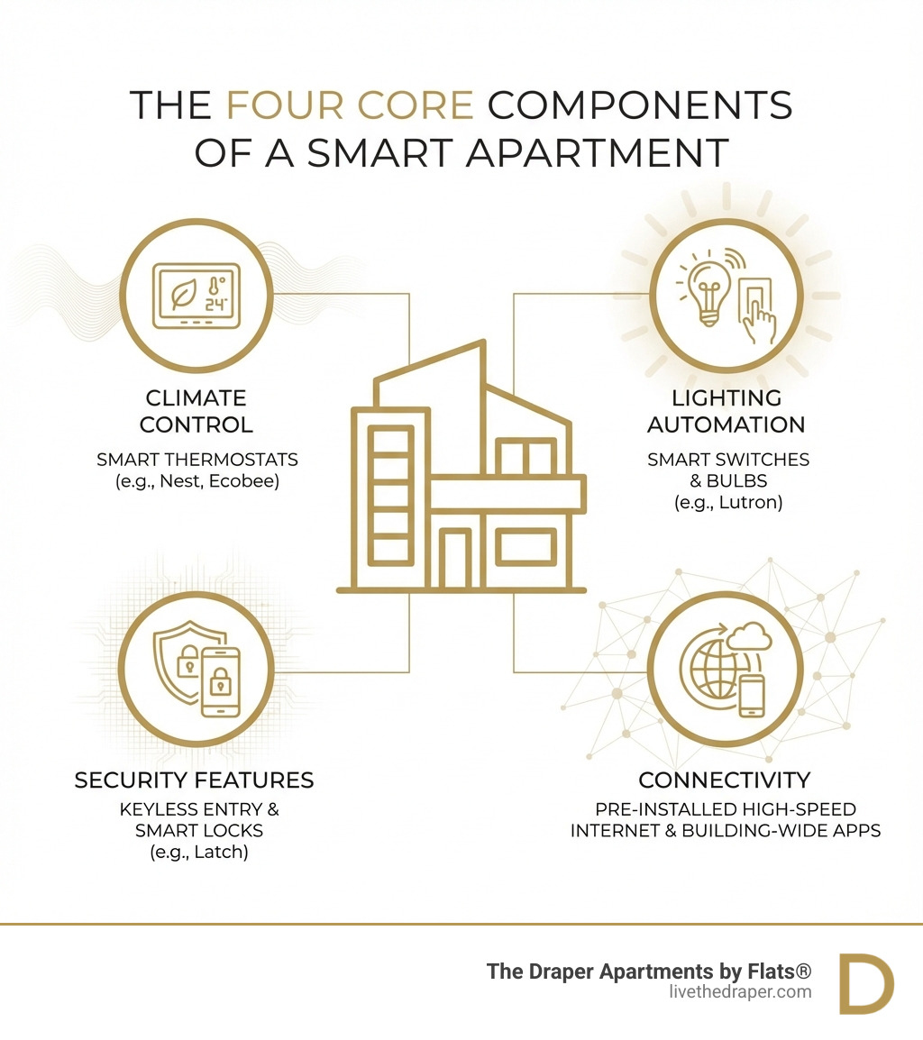 infographic showing the four core components of a smart apartment: climate control with smart thermostats, lighting automation with smart switches and bulbs, security features with keyless entry and smart locks, and connectivity with pre-installed high-speed internet and building-wide apps - Smart Home Apartments Chicago infographic infographic showing the four core components of a smart apartment: climate control with smart thermostats, lighting automation with smart switches and bulbs, security features with keyless entry and smart locks, and connectivity with pre-installed high-speed internet and building-wide apps - Smart Home Apartments Chicago infographic