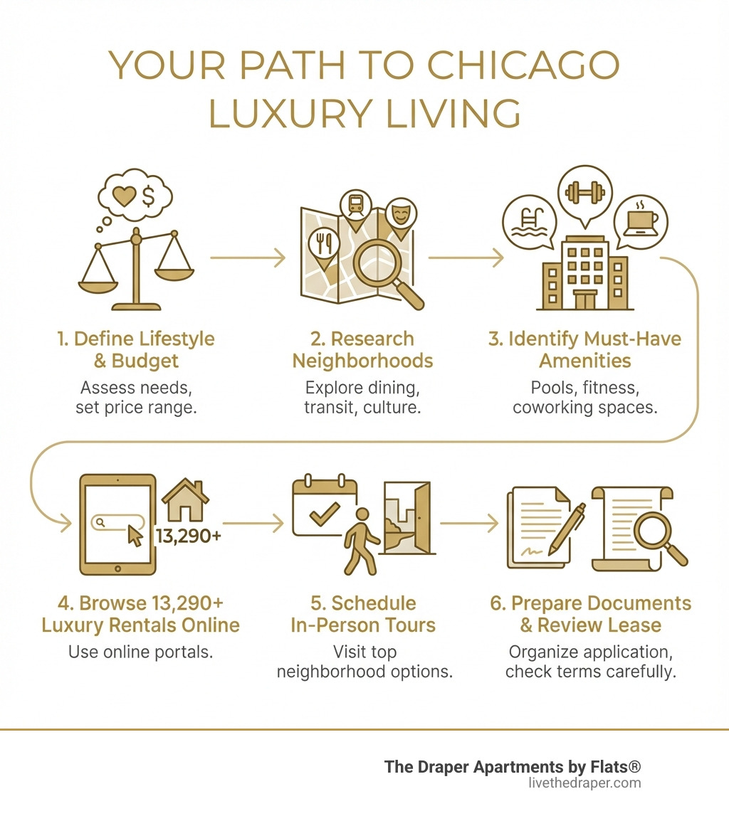 Infographic showing the key steps to finding luxury apartments in Chicago: 1. Define your lifestyle needs and preferences, 2. Research neighborhoods for dining, transit, and culture, 3. Identify must-have amenities like pools, fitness centers, or coworking spaces, 4. Use online portals to browse 13,290+ luxury rentals, 5. Schedule tours in your top neighborhoods, 6. Prepare application documents and review lease terms carefully - chicago luxury apartment buildings infographic 