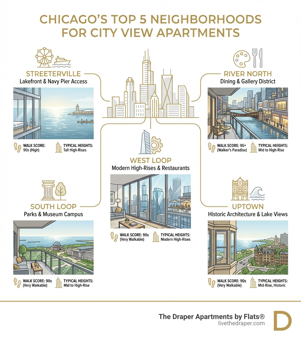 Infographic showing Chicago's top 5 neighborhoods for city view apartments with icons representing key features: Streeterville with lakefront and Navy Pier access, River North with dining and gallery district, West Loop with modern high-rises and restaurants, South Loop with parks and Museum Campus, and Uptown with historic architecture and Lake Michigan views. Each neighborhood includes Walk Score rating and typical building heights. - city view apartments chicago infographic 