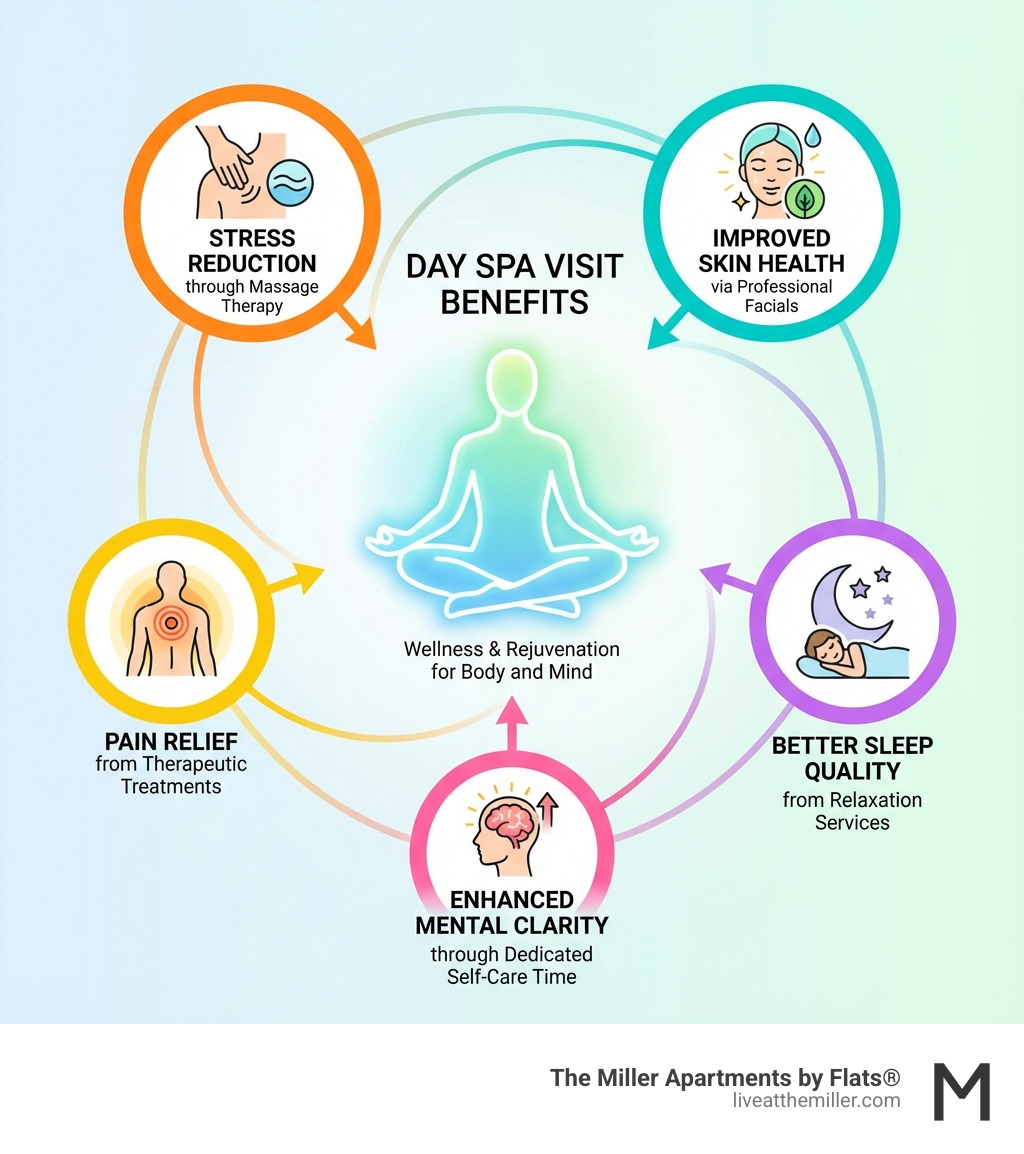 infographic showing benefits of day spa visits including stress reduction through massage therapy, improved skin health via professional facials, pain relief from therapeutic treatments, better sleep quality from relaxation services, and enhanced mental clarity through dedicated self-care time - vancouver wa day spa infographic 