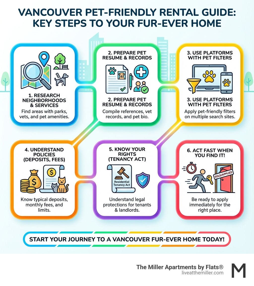 Infographic showing the key steps to finding Vancouver pet friendly rentals: 1) Research neighborhoods with parks and pet services, 2) Prepare your pet resume with references and vet records, 3) Use multiple search platforms with pet-friendly filters, 4) Understand typical policies including deposits and monthly fees, 5) Know your rights under the Residential Tenancy Act, 6) Act fast when you find the right place - vancouver pet friendly rentals infographic 