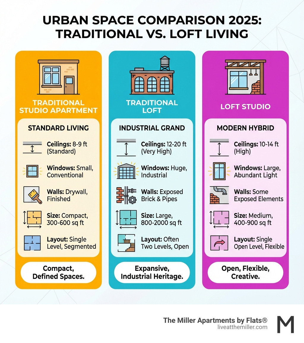 Infographic showing three columns comparing Traditional Studio Apartment (standard 8-9 ft ceilings, small windows, drywall walls, compact 300-600 sq ft), Traditional Loft (very high ceilings 12-20 ft, huge windows, exposed brick and pipes, large 800-2000 sq ft, often two levels), and Loft Studio (high ceilings 10-14 ft, large windows, some exposed elements, medium 400-900 sq ft, single open level) - loft studio infographic Infographic showing three columns comparing Traditional Studio Apartment (standard 8-9 ft ceilings, small windows, drywall walls, compact 300-600 sq ft), Traditional Loft (very high ceilings 12-20 ft, huge windows, exposed brick and pipes, large 800-2000 sq ft, often two levels), and Loft Studio (high ceilings 10-14 ft, large windows, some exposed elements, medium 400-900 sq ft, single open level) - loft studio infographic