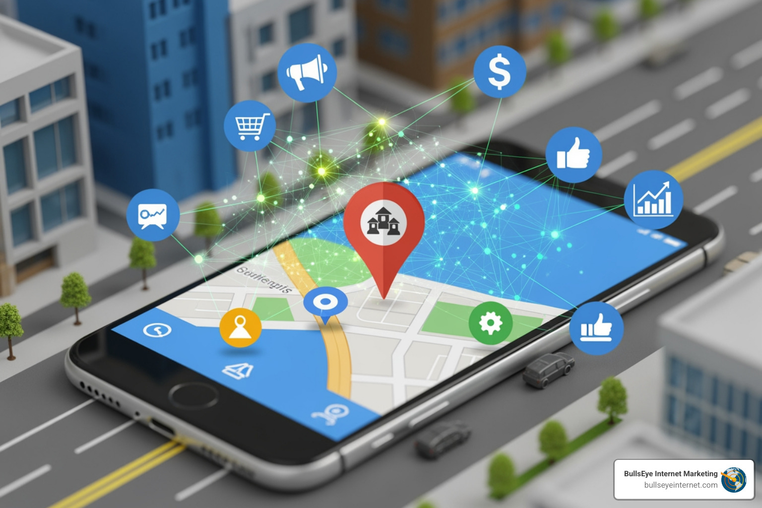 Optimized Google Business Profile example - Google Maps marketing Mobile phone displaying a map with a location pin, surrounded by icons representing marketing features like shopping, analytics, and customer engagement, emphasizing Google Maps marketing strategies for businesses.