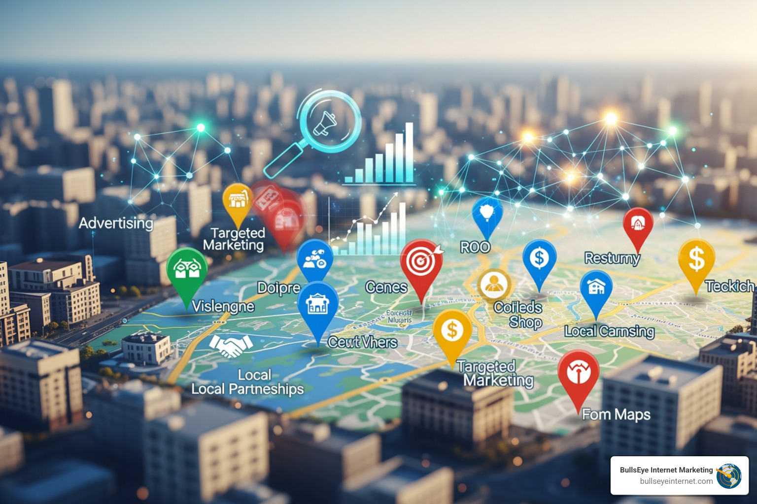 Google Local Pack results on desktop - Google Maps marketing Map illustration featuring digital marketing concepts like targeted marketing, local partnerships, and advertising, with various location markers representing businesses and data analytics elements, relevant to Google Maps marketing strategies.