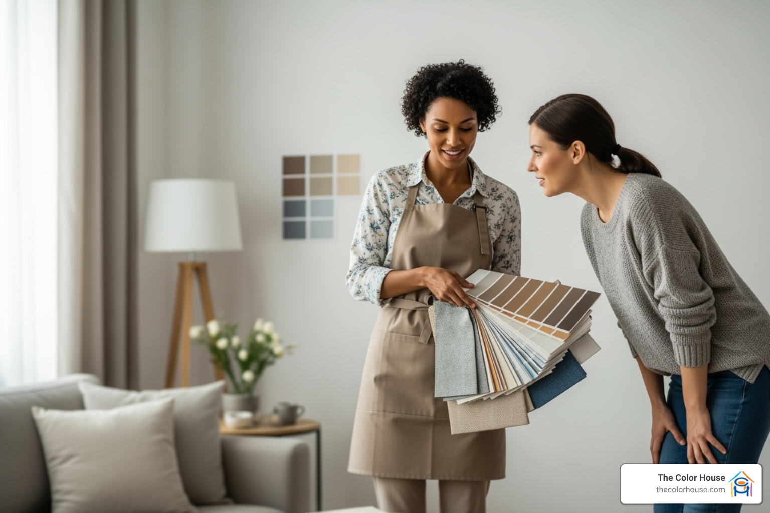 Color specialist holding large paint swatches and fabric samples up to a wall next to a client. - color specialist