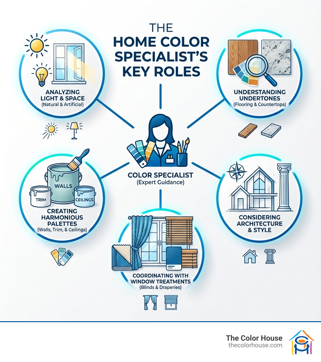 Infographic showing the key roles of a home color specialist: analyzing natural and artificial light in your space, understanding undertones in existing materials like flooring and countertops, creating harmonious color palettes for walls trim and ceilings, considering your home's architecture and style, and coordinating paint colors with window treatments blinds and draperies - color specialist infographic 