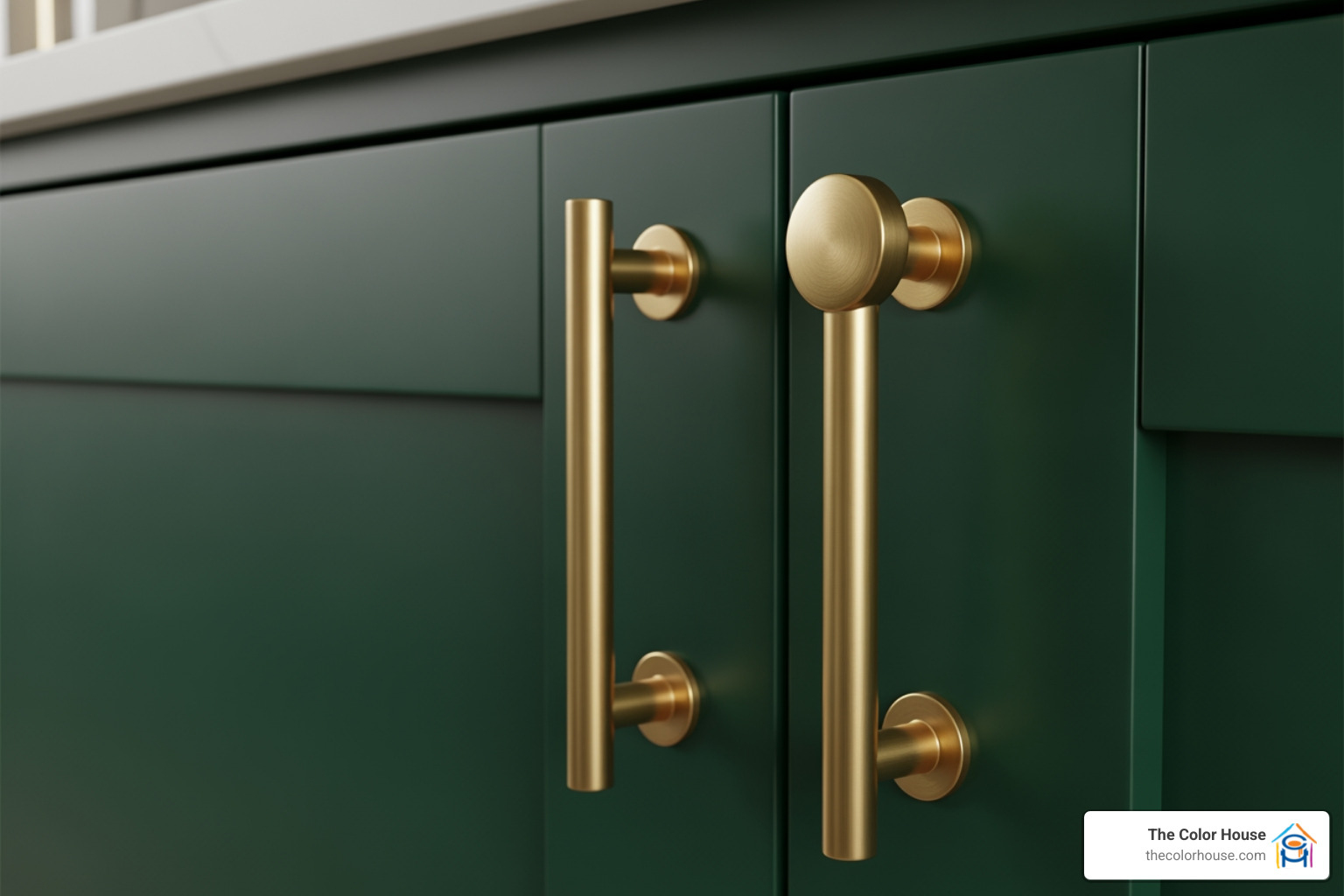 brass hardware on a deep green cabinet - Green kitchen cabinets