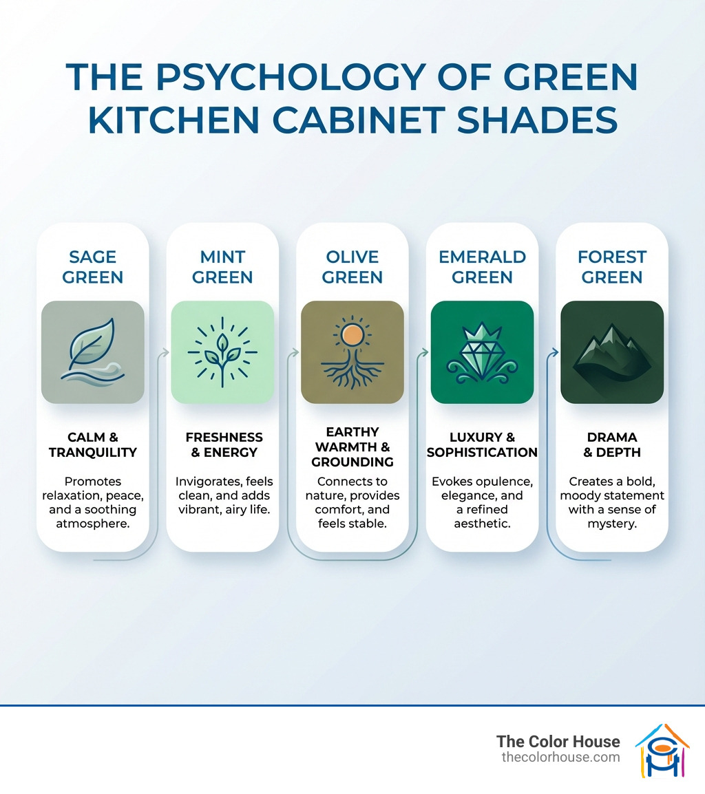 Infographic showing the psychological effects of different green shades: Sage green creates calm and tranquility, Emerald green evokes luxury and sophistication, Mint green brings freshness and energy, Olive green provides earthy warmth and grounding, and Forest green delivers drama and depth - Green kitchen cabinets infographic 