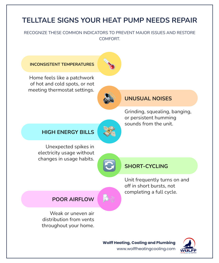 infographic explaining common signs a heat pump needs repair, such as strange noises, high energy bills, and inconsistent temperatures - best heat pump repair in albuquerque, nm infographic infographic-line-5-steps-colors infographic explaining common signs a heat pump needs repair, such as strange noises, high energy bills, and inconsistent temperatures - best heat pump repair in albuquerque, nm infographic infographic-line-5-steps-colors