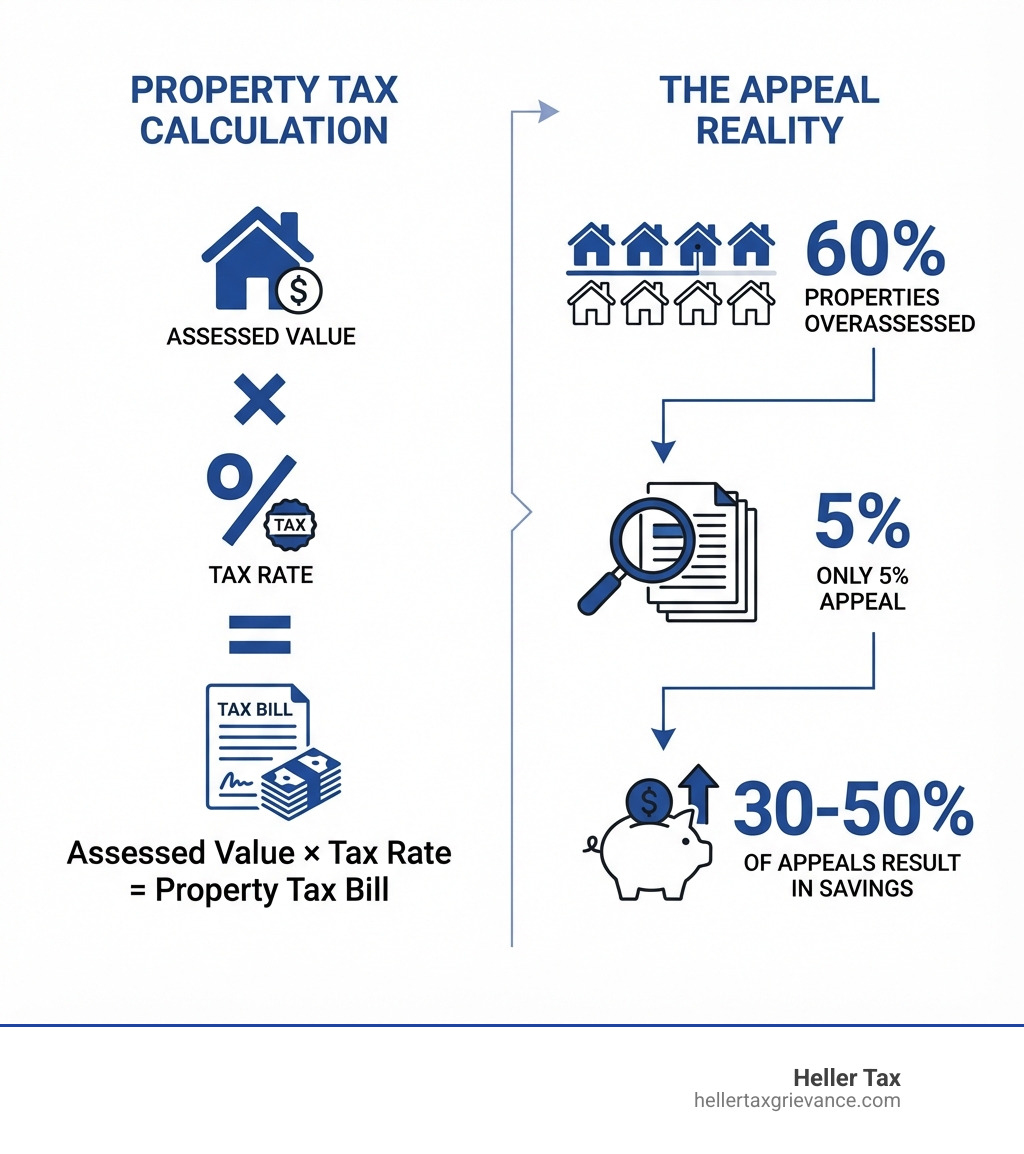 infographic showing property tax calculation formula with assessed value multiplied by tax rate equals property tax bill, alongside statistics showing 60% of properties overassessed but only 5% appeal, with 30-50% of appeals resulting in savings - how to lower your property taxes infographic infographic showing property tax calculation formula with assessed value multiplied by tax rate equals property tax bill, alongside statistics showing 60% of properties overassessed but only 5% appeal, with 30-50% of appeals resulting in savings - how to lower your property taxes infographic