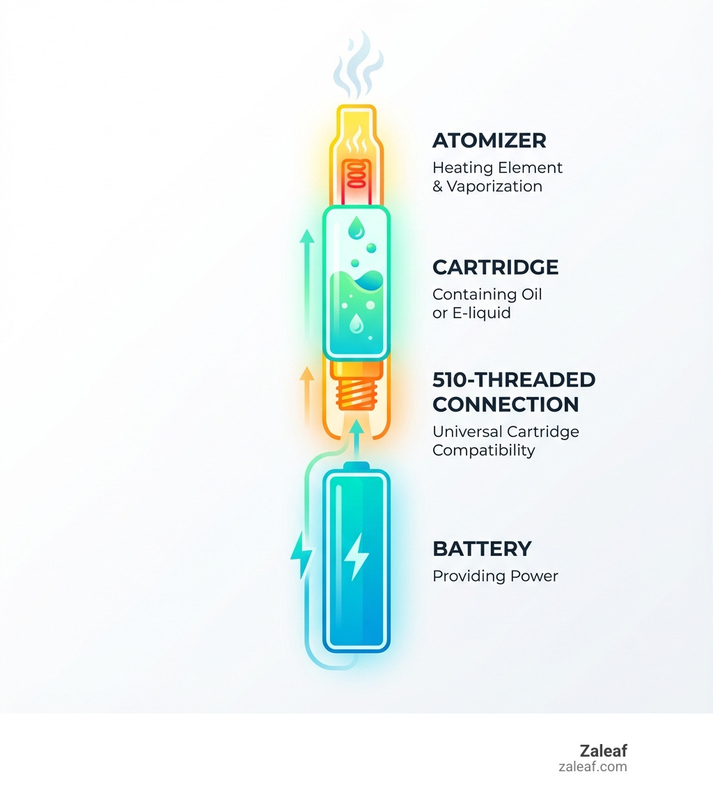 Infographic showing the anatomy of a vape pen with labeled components: the battery at the base providing power, the 510-threaded connection in the middle allowing universal cartridge compatibility, the cartridge containing oil or e-liquid, and the atomizer heating element that vaporizes the material - different vape battery types infographic 