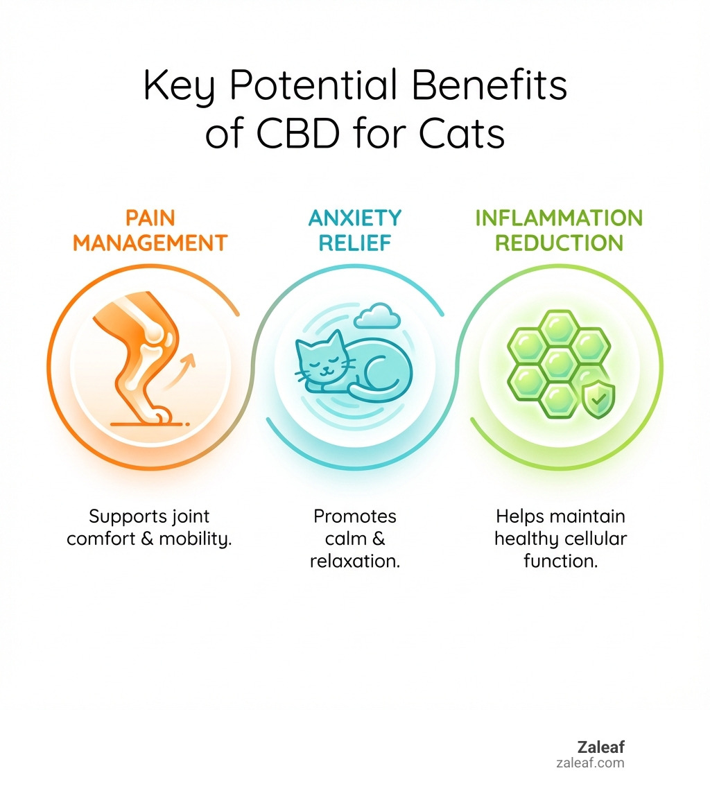 Infographic showing three key potential benefits of CBD for cats: Pain Management (with icon of cat joint/mobility), Anxiety Relief (with icon of calm cat), and Inflammation Reduction (with icon of healthy cells) - CBD for cats infographic 