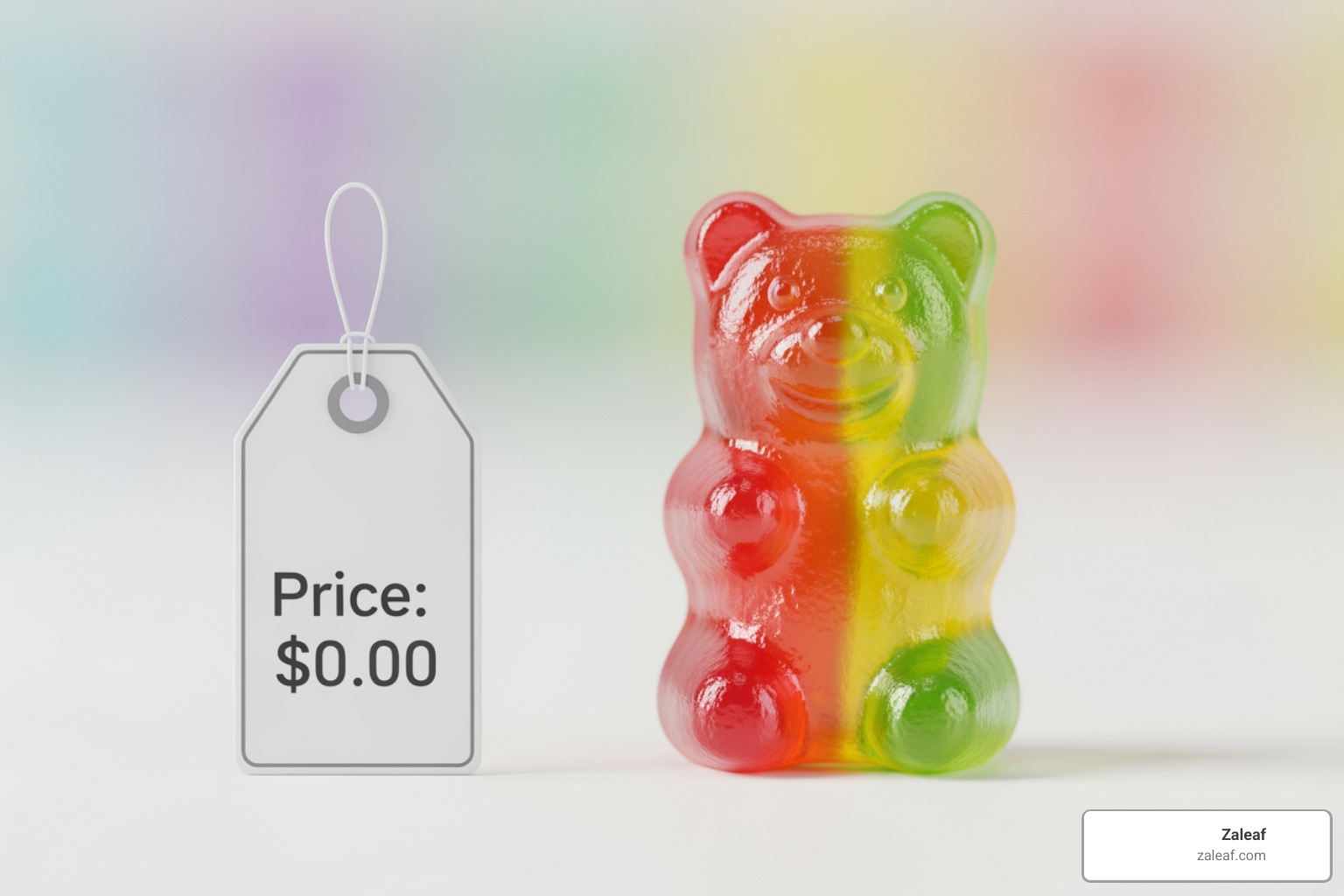 A single gummy next to a price tag illustration - THC gummies cost