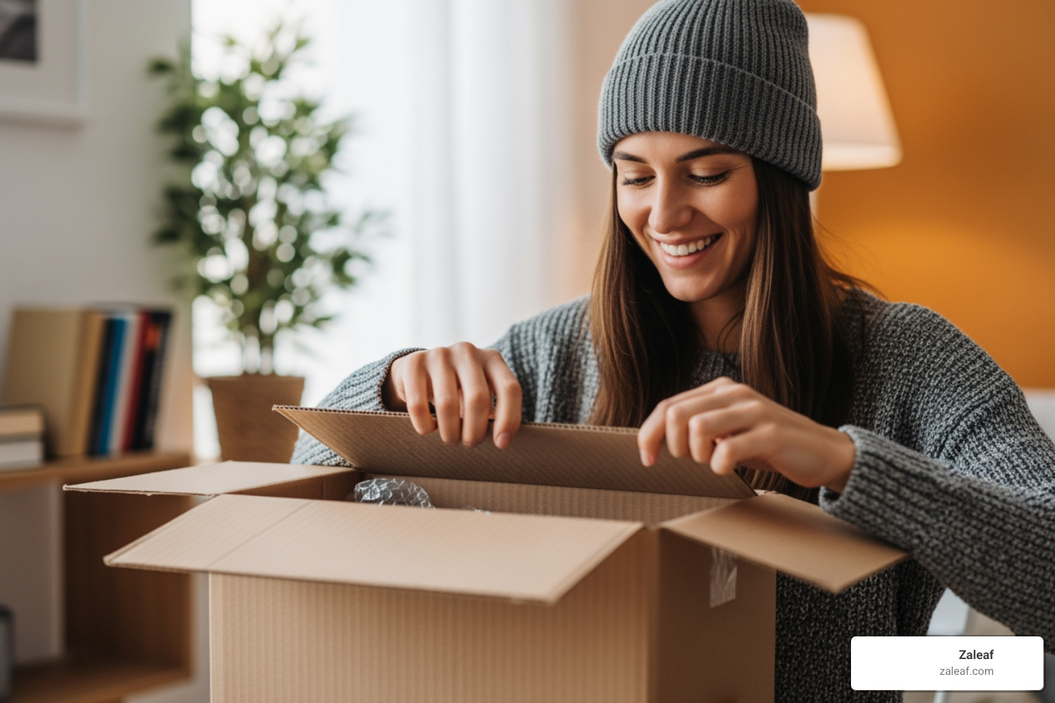 person happily unboxing a discreetly packaged Zaleaf parcel - cannabis accessories online