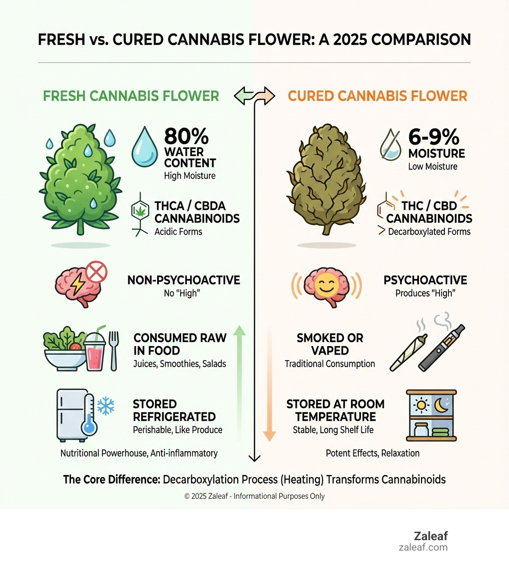 Infographic comparing fresh and cured cannabis flower, showing fresh flower with 80% water content, THCA/CBDA cannabinoids, non-psychoactive properties, consumed raw in food, and stored refrigerated versus cured flower with 6-9% moisture, THC/CBD cannabinoids, psychoactive properties, smoked or vaped, and stored at room temperature - fresh cannabis flower infographic Infographic comparing fresh and cured cannabis flower, showing fresh flower with 80% water content, THCA/CBDA cannabinoids, non-psychoactive properties, consumed raw in food, and stored refrigerated versus cured flower with 6-9% moisture, THC/CBD cannabinoids, psychoactive properties, smoked or vaped, and stored at room temperature - fresh cannabis flower infographic