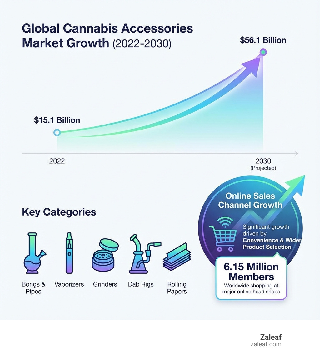 Infographic showing the growth of the cannabis accessories market from $15.1 billion in 2022 to a projected $56.1 billion by 2030, with key categories including bongs and pipes, vaporizers, grinders, dab rigs, and rolling papers. The infographic also highlights that online sales channels are experiencing significant growth due to convenience and wider product selection. - cannabis accessories online infographic 
