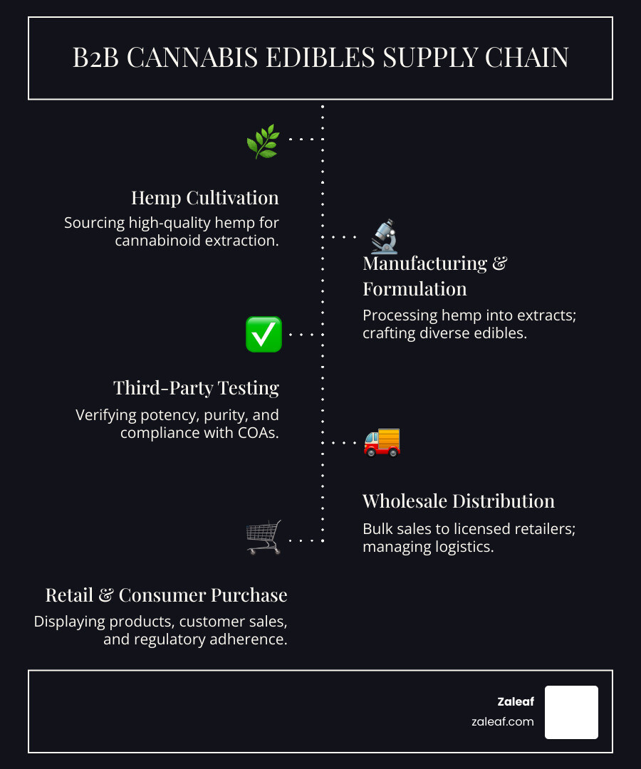 Detailed infographic showing the B2B cannabis edibles supply chain from hemp cultivation through manufacturing, third-party testing, wholesale distribution, retail stocking, and final consumer purchase, with key decision points and compliance checkpoints highlighted at each stage - cannabis edibles wholesale infographic infographic-line-5-steps-dark