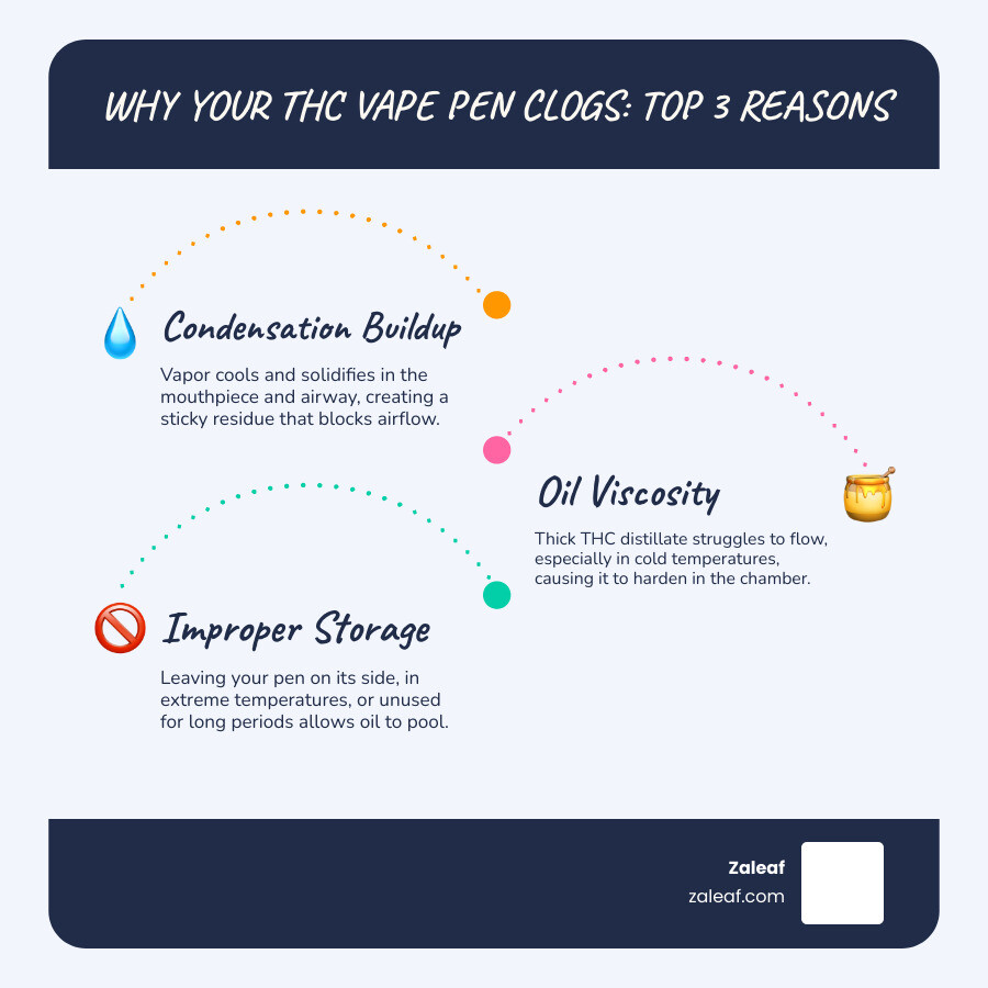 Infographic showing the top three reasons THC vape pens clog: Condensation forms when vapor cools and solidifies in the mouthpiece creating sticky blockages; Oil viscosity increases in cold temperatures causing thick distillate to harden in airways; Improper storage allows oil to pool incorrectly when pens are left horizontal or in extreme temperatures - why does my thc vape pen clog infographic infographic-line-3-steps-blues-accent_colors