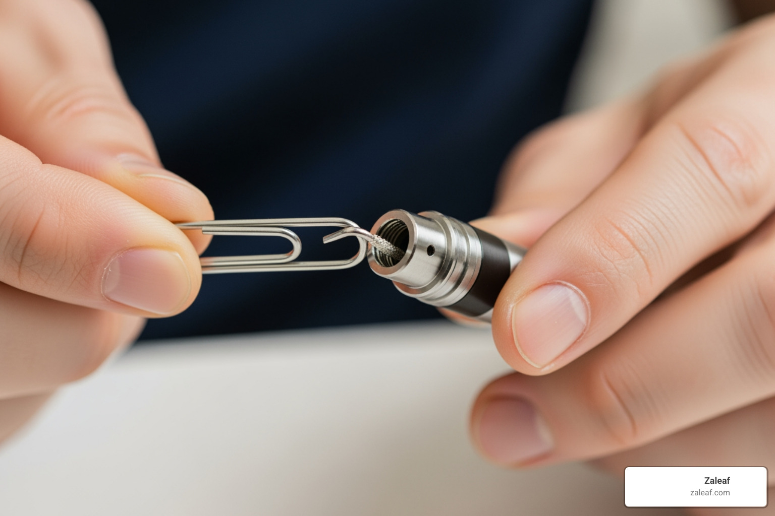 image of someone gently cleaning a vape mouthpiece with a paperclip - why does my thc vape pen clog