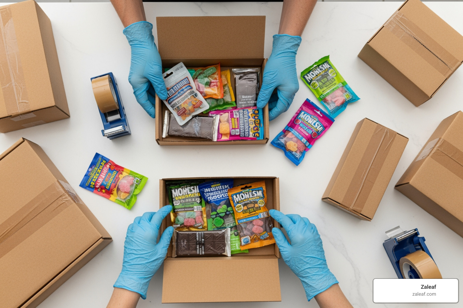 A wholesale order of cannabis edibles being carefully packed into discreet shipping boxes, ready for transport - cannabis edibles wholesale