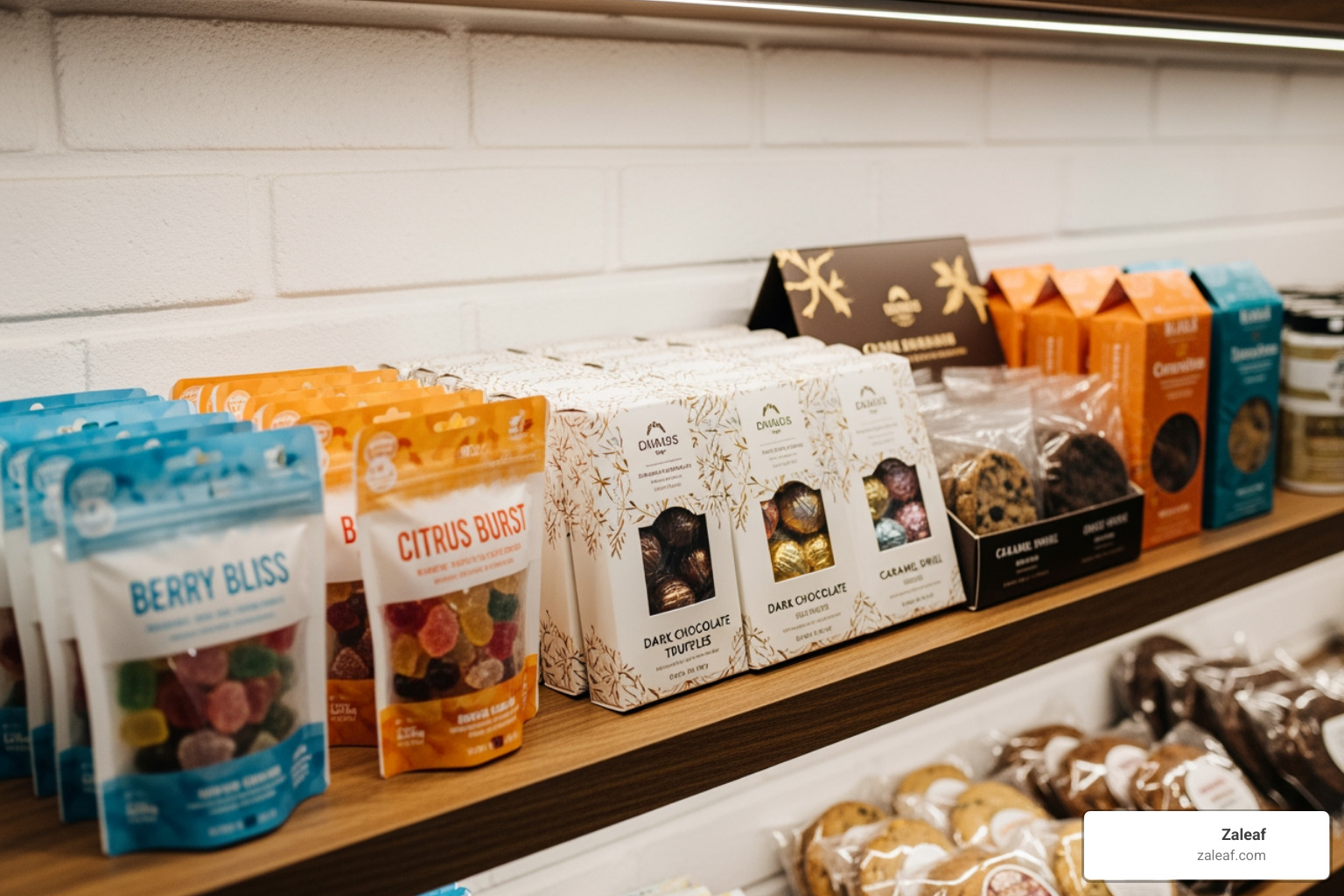 A clean, well-stocked dispensary shelf featuring a variety of edibles, including colorful gummies, artisanal chocolates, and attractively packaged baked goods - cannabis edibles wholesale